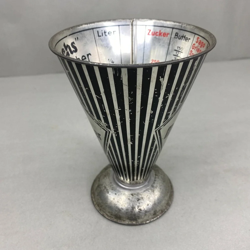 VTG Luchs Messbecher Measuring‎ Cup Silver Black Art Deco Graphic 1950's 6x4.5